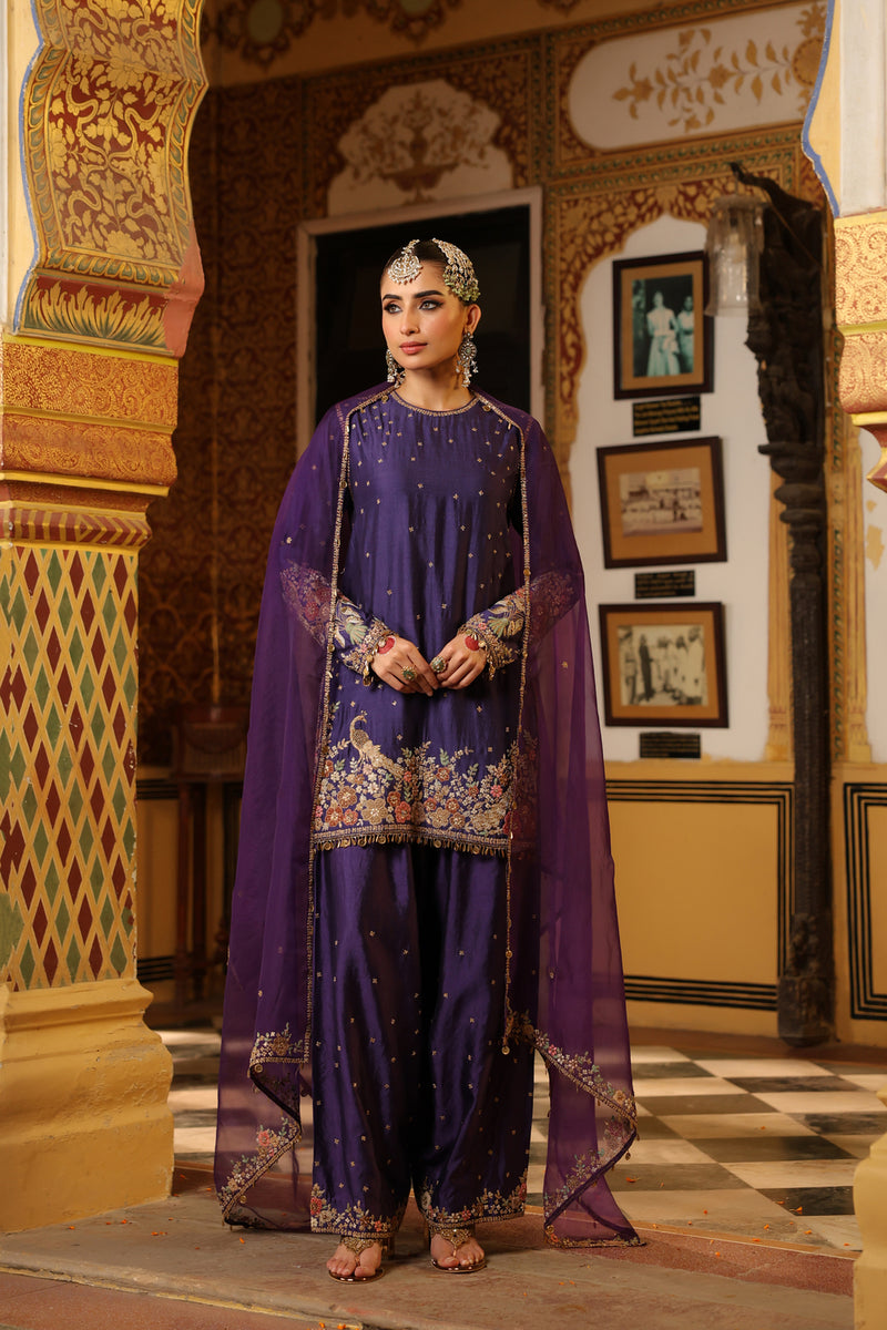 Ahista Purple Mayur Applique Short Kurta Set chiniya silk kurta/kurta set by Niti Bothra in purple for women Worldwide
