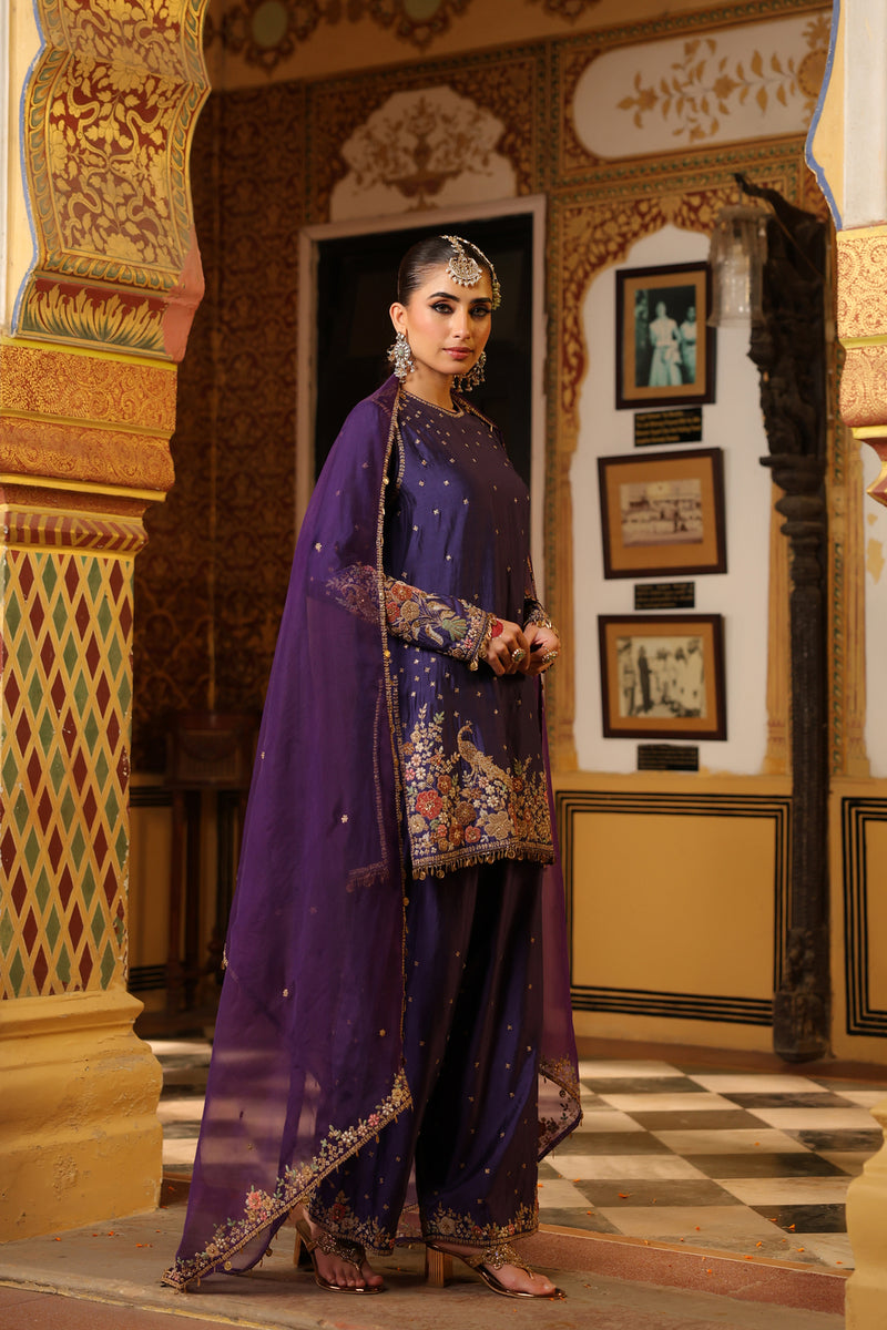 Ahista Purple Mayur Applique Short Kurta Set chiniya silk kurta/kurta set by Niti Bothra in purple for women Worldwide