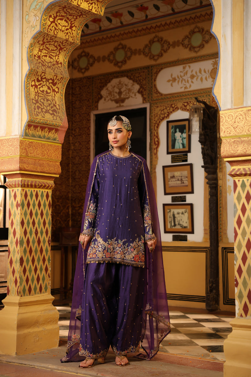Ahista Purple Mayur Applique Short Kurta Set chiniya silk kurta/kurta set by Niti Bothra in purple for women Worldwide