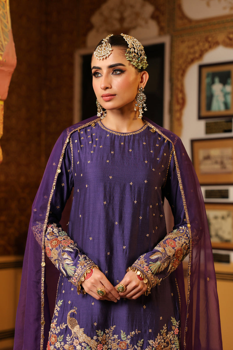 Ahista Purple Mayur Applique Short Kurta Set chiniya silk kurta/kurta set by Niti Bothra in purple for women Worldwide