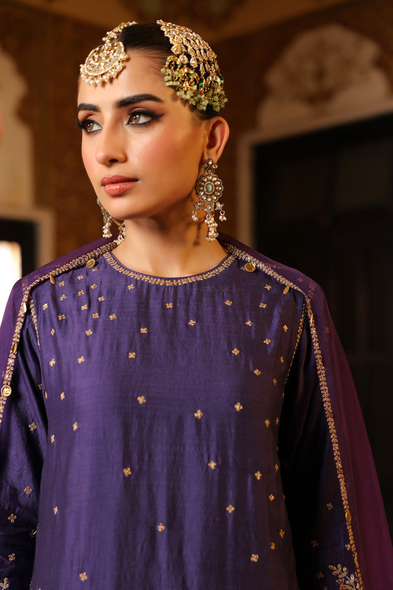 Ahista Purple Mayur Applique Short Kurta Set chiniya silk kurta/kurta set by Niti Bothra in purple for women Worldwide