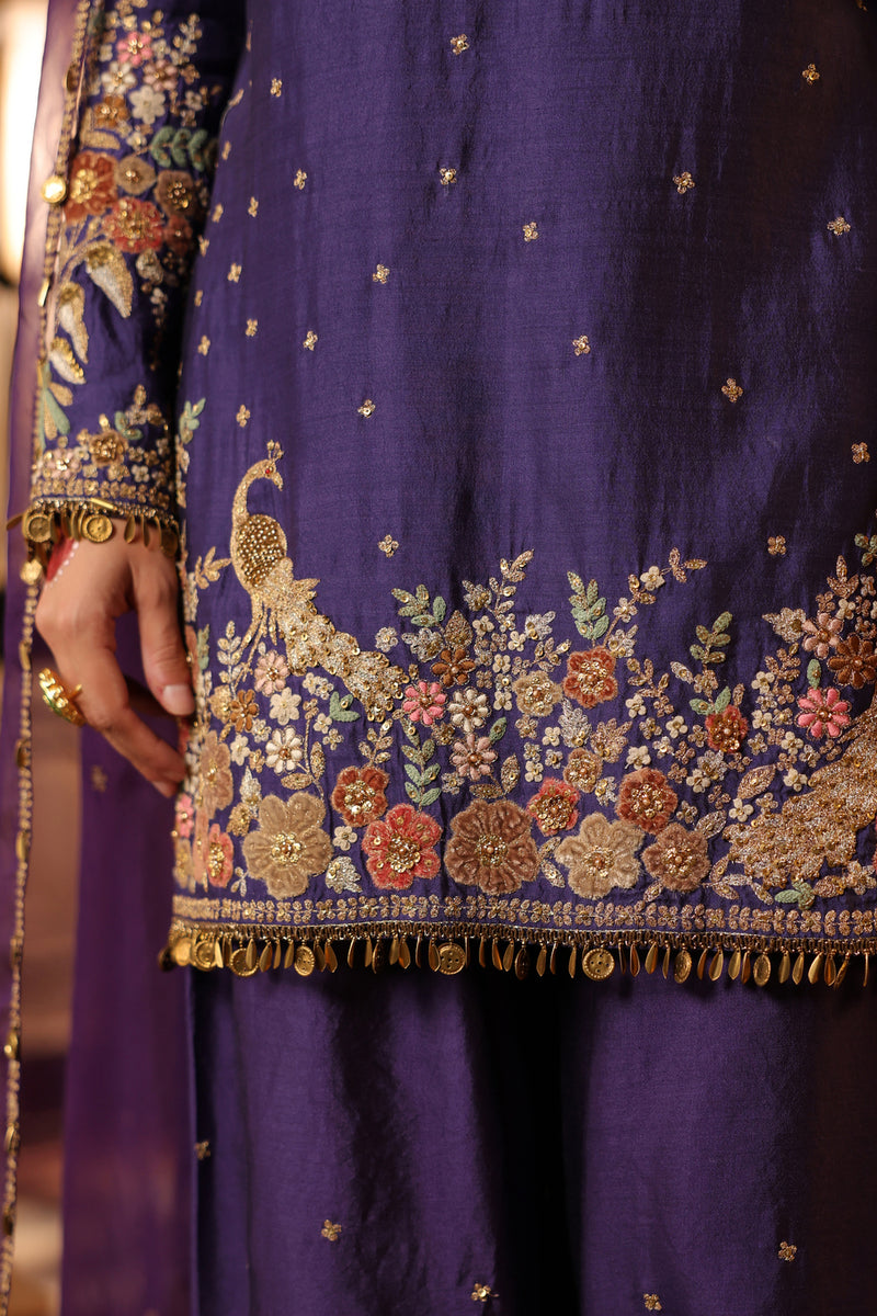 Ahista Purple Mayur Applique Short Kurta With Heavy Dupatta chiniya silk kurta/kurta set by Niti Bothra in purple for women Worldwide
