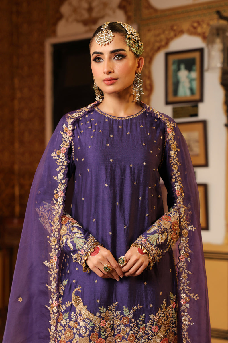 Ahista Purple Mayur Applique Short Kurta With Heavy Dupatta chiniya silk kurta/kurta set by Niti Bothra in purple for women Worldwide