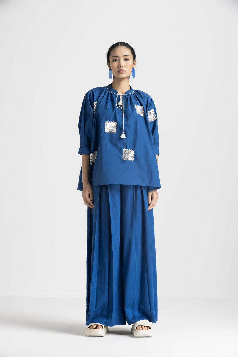 WAVE EMBROIDERY TOP - ELECTRIC BLUE poplin by THREE in blue color for women Worldwide