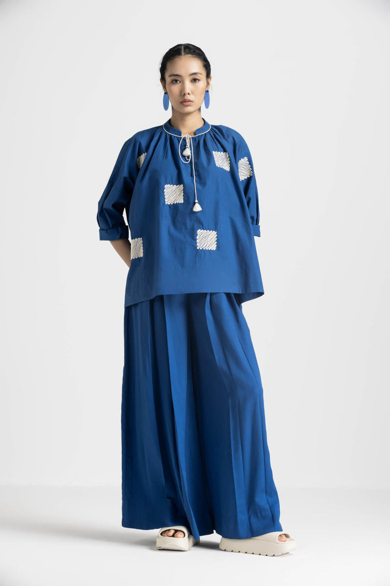 WAVE EMBROIDERY TOP - ELECTRIC BLUE poplin by THREE in blue color for women Worldwide