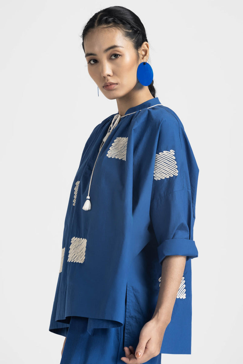 WAVE EMBROIDERY TOP - ELECTRIC BLUE poplin by THREE in blue color for women Worldwide