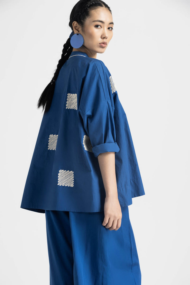 WAVE EMBROIDERY TOP - ELECTRIC BLUE poplin by THREE in blue color for women Worldwide