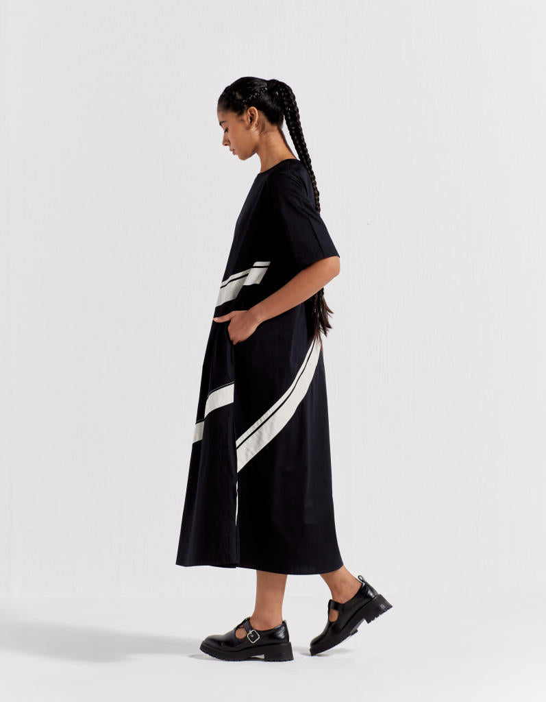 APPLIQUE STRIPE DRESS - BLACK poplin by THREE in black color for women Worldwide