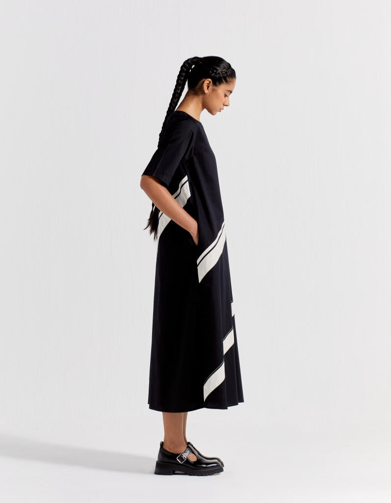APPLIQUE STRIPE DRESS - BLACK poplin by THREE in black color for women Worldwide