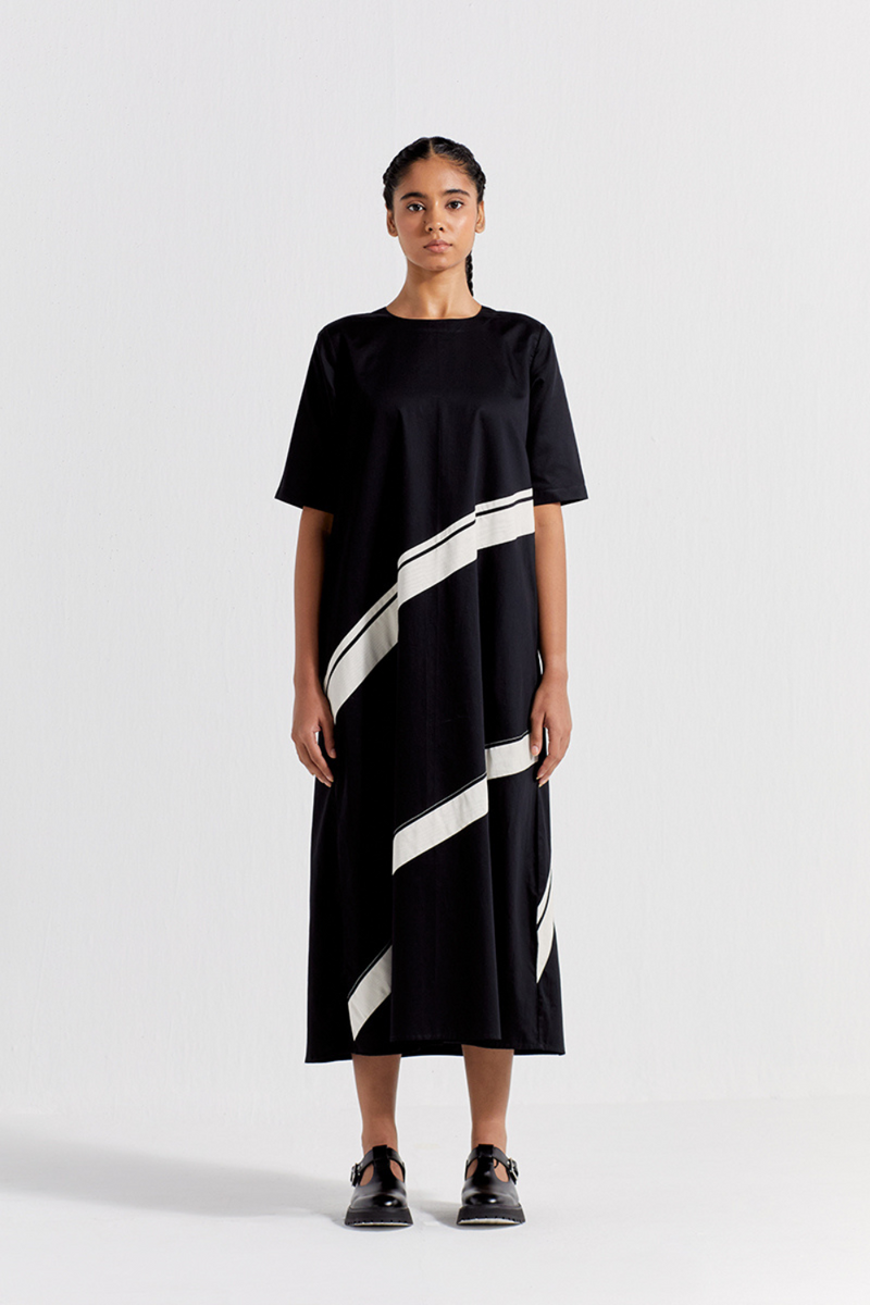 APPLIQUE STRIPE DRESS - BLACK poplin by THREE in black color for women Worldwide
