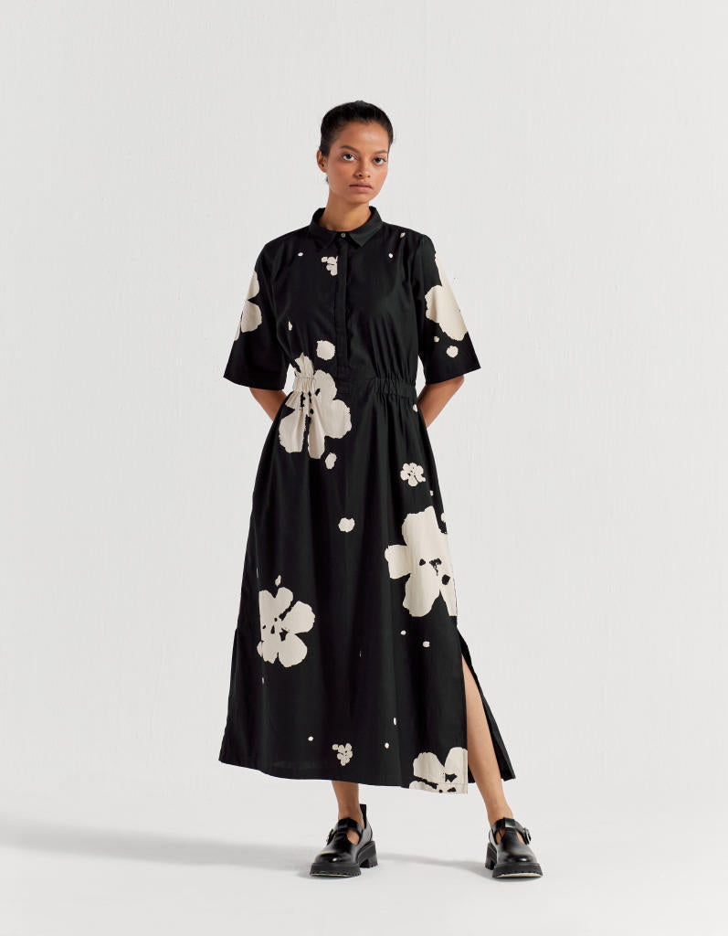 COLLARED SIDE ELASTIC WAIST DRESS - BLACK poplin by THREE in black color for women Worldwide