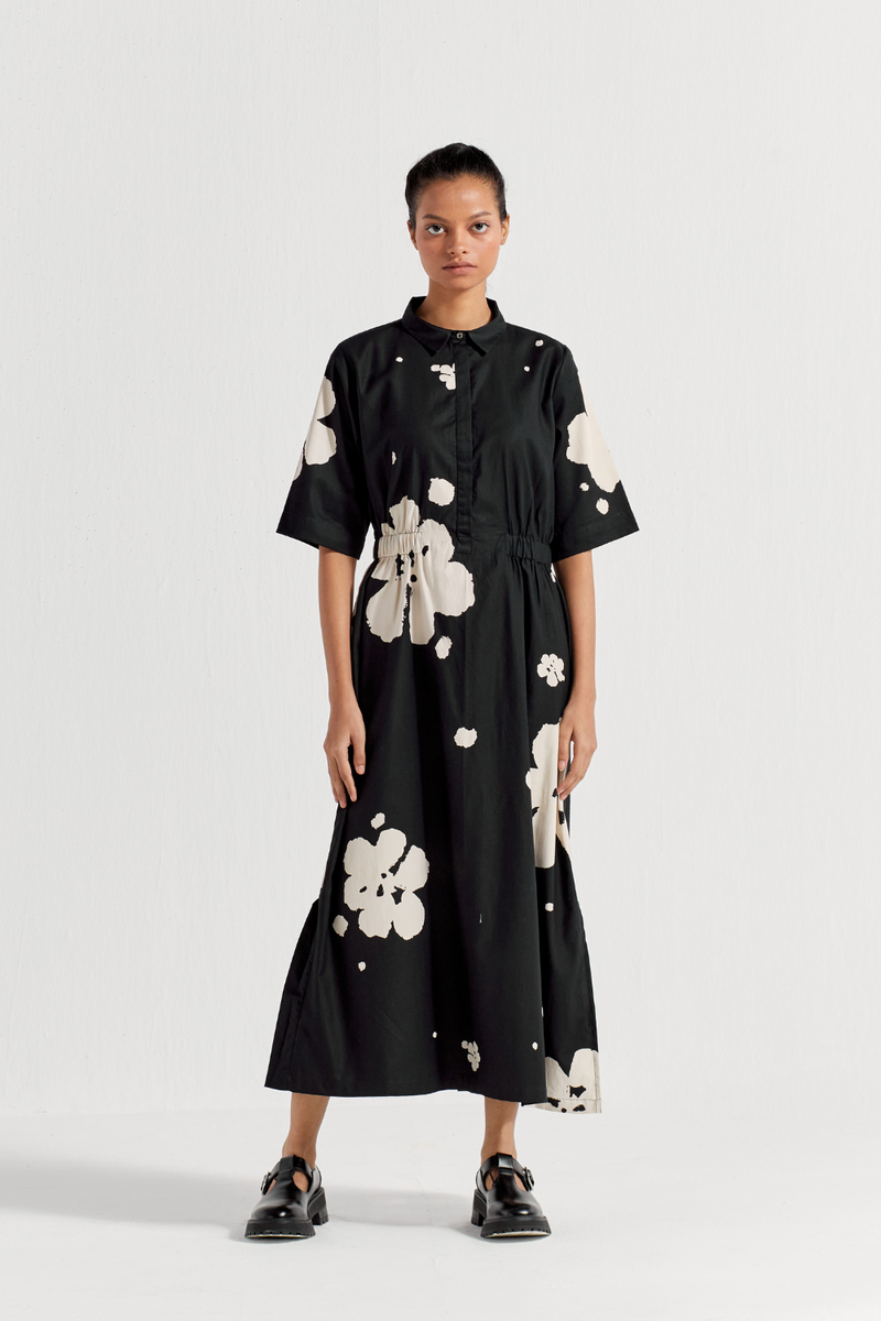 COLLARED SIDE ELASTIC WAIST DRESS - BLACK poplin by THREE in black color for women Worldwide