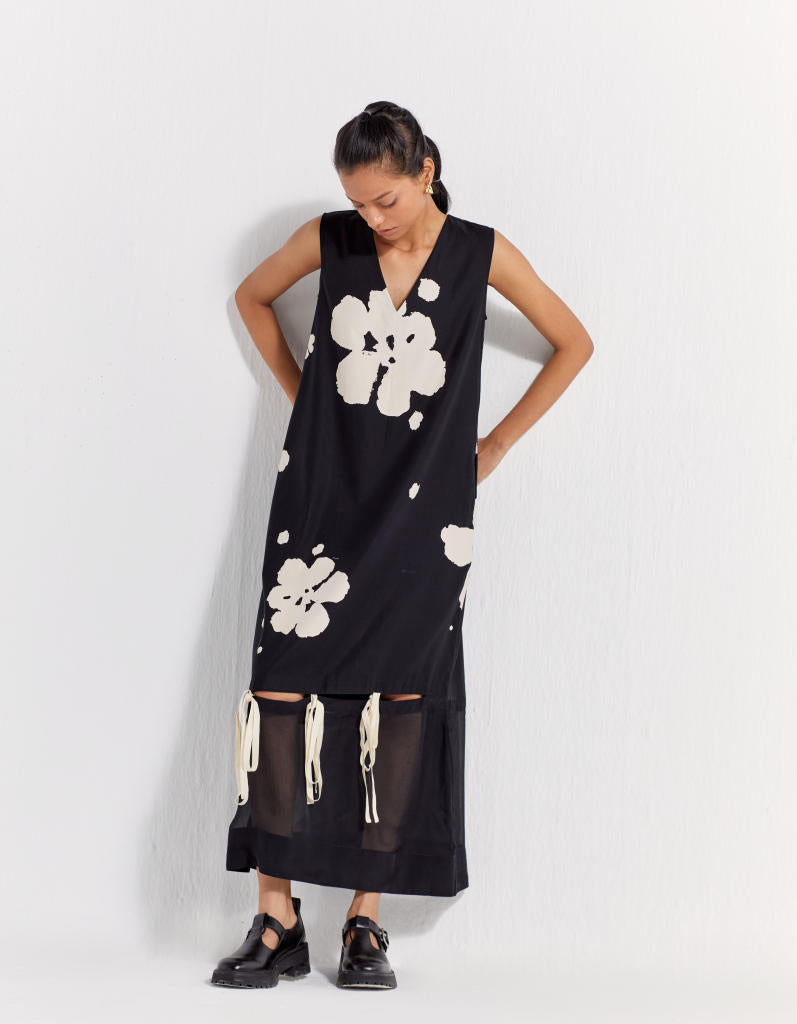 SELF-TIE FLORAL DRESS - BLACK