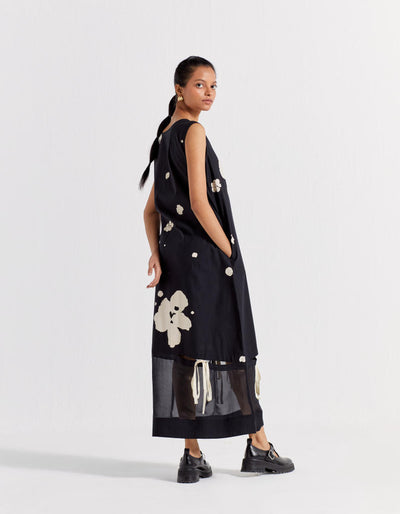 SELF-TIE FLORAL DRESS - BLACK