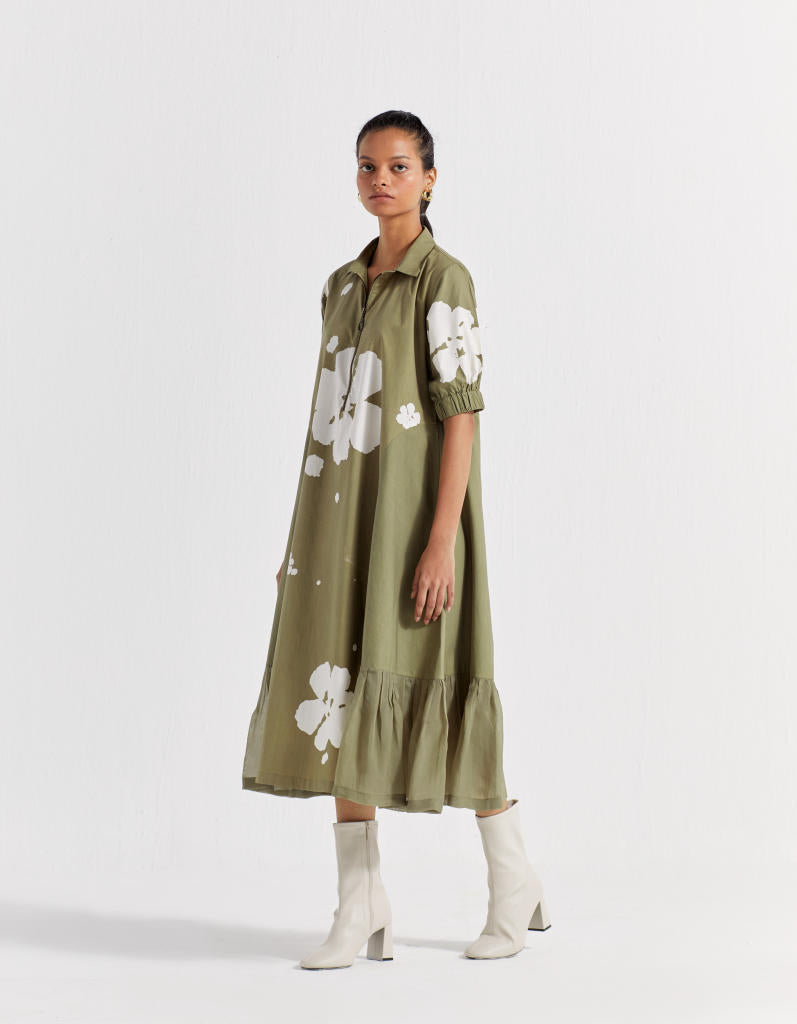 FLORAL COLLARED DRESS - OLIVE