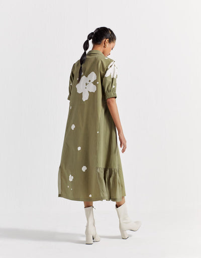 FLORAL COLLARED DRESS - OLIVE