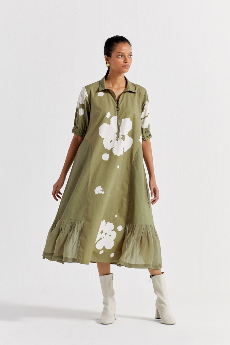 FLORAL COLLARED DRESS - OLIVE poplin by THREE in olive color for women Worldwide