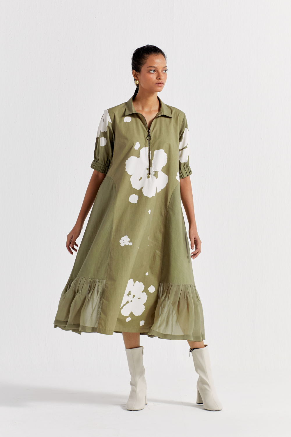 FLORAL COLLARED DRESS - OLIVE