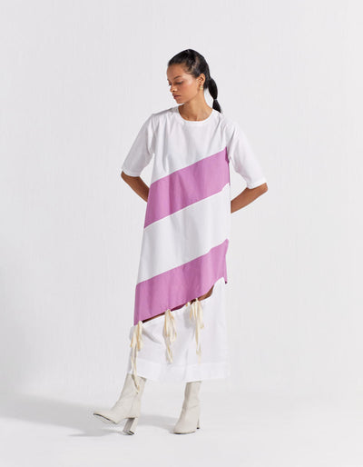 SELF TIE PANEL DRESS - LILAC + WHITE