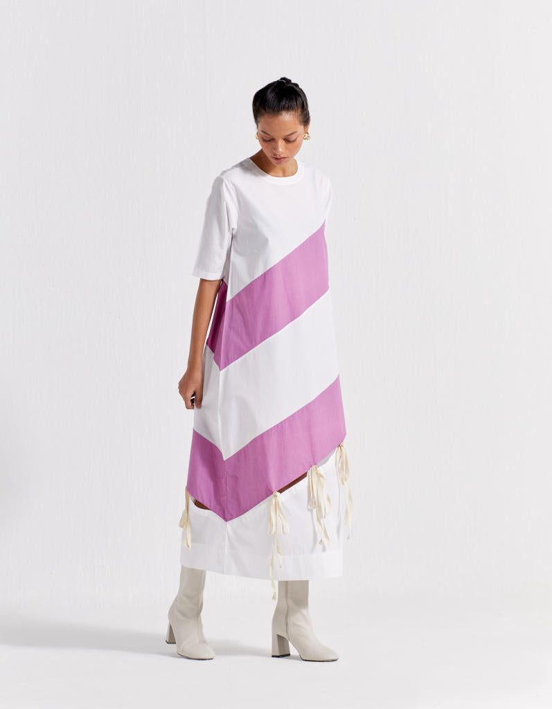 SELF TIE PANEL DRESS - LILAC + WHITE poplin by THREE for women Worldwide