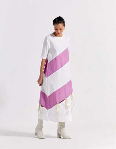 SELF TIE PANEL DRESS - LILAC + WHITE