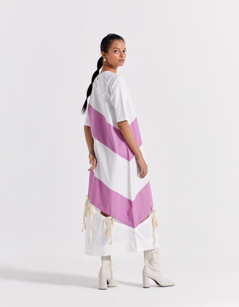 SELF TIE PANEL DRESS - LILAC + WHITE