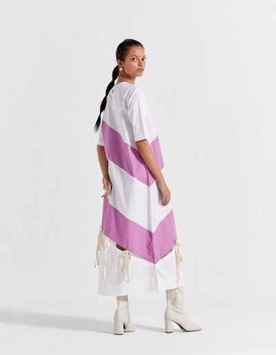 SELF TIE PANEL DRESS - LILAC + WHITE