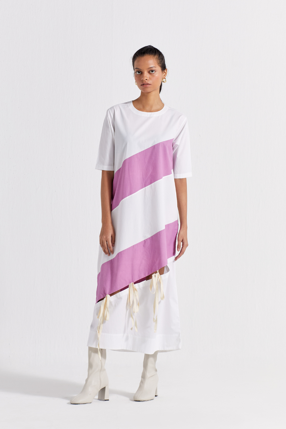 SELF TIE PANEL DRESS - LILAC + WHITE