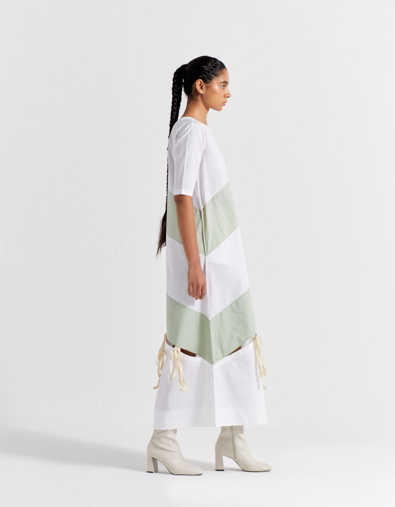 SELF TIE PANEL DRESS  - MINT + WHITE