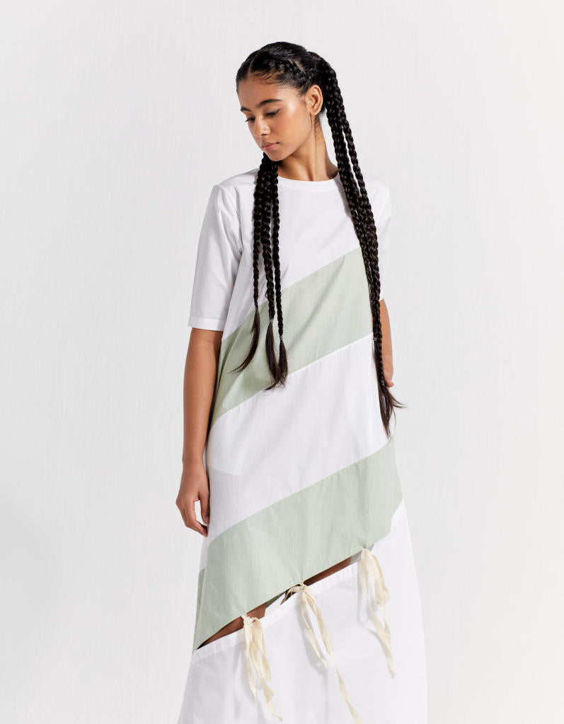 SELF TIE PANEL DRESS  - MINT + WHITE