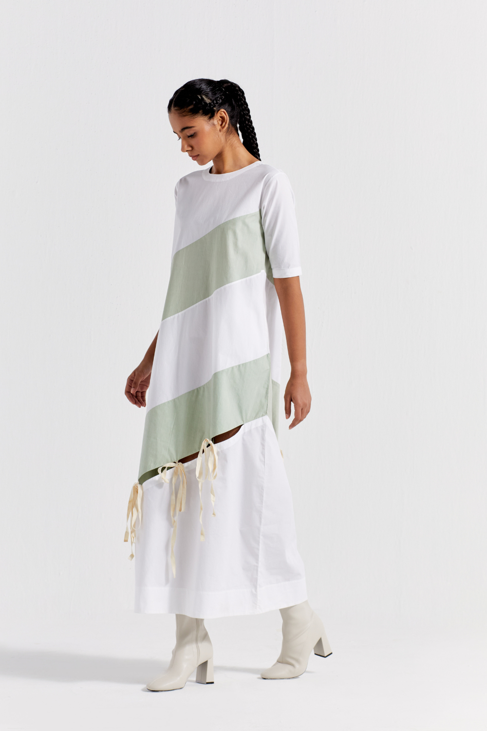 SELF TIE PANEL DRESS  - MINT + WHITE