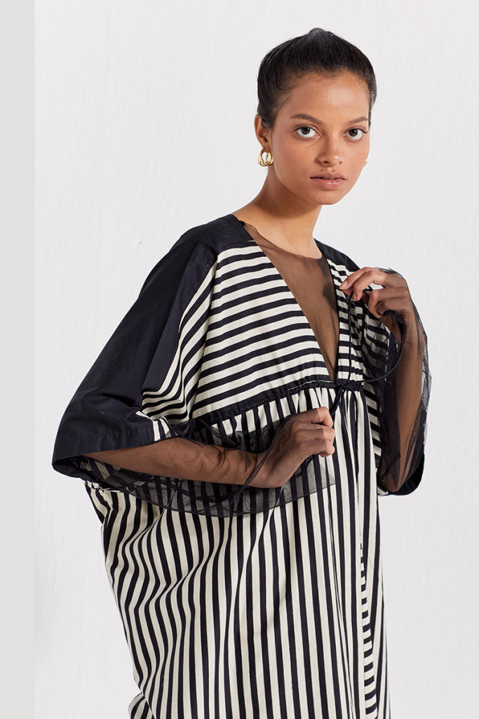 DRAWSTRING KAFTAN - BLACK & WHITE STRIPE