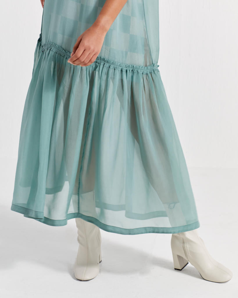 SHEER BOTTOM FRILL DRESS  - DRESS: JADE
SLIP: JADE CHECK