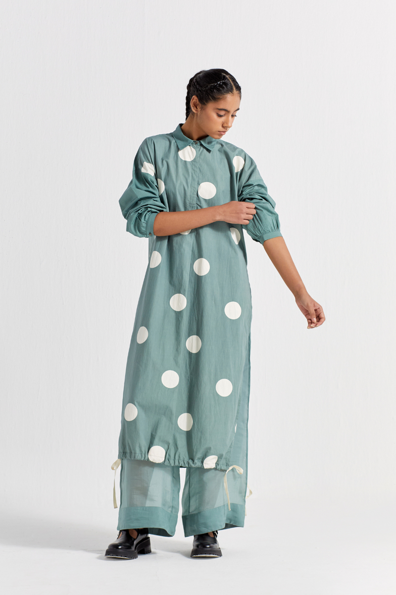 DRAWSTRING HEM TUNIC - JADE POLKA poplin by THREE in green color for women Worldwide