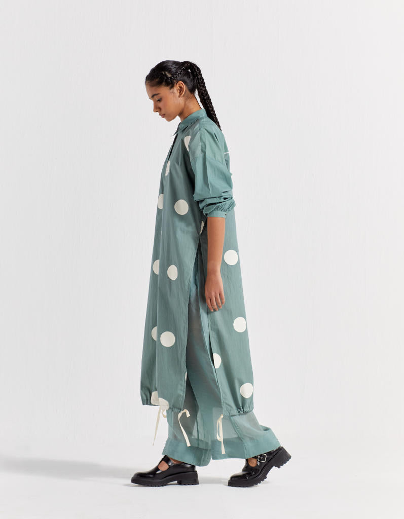 DRAWSTRING HEM TUNIC - JADE POLKA poplin by THREE in green color for women Worldwide