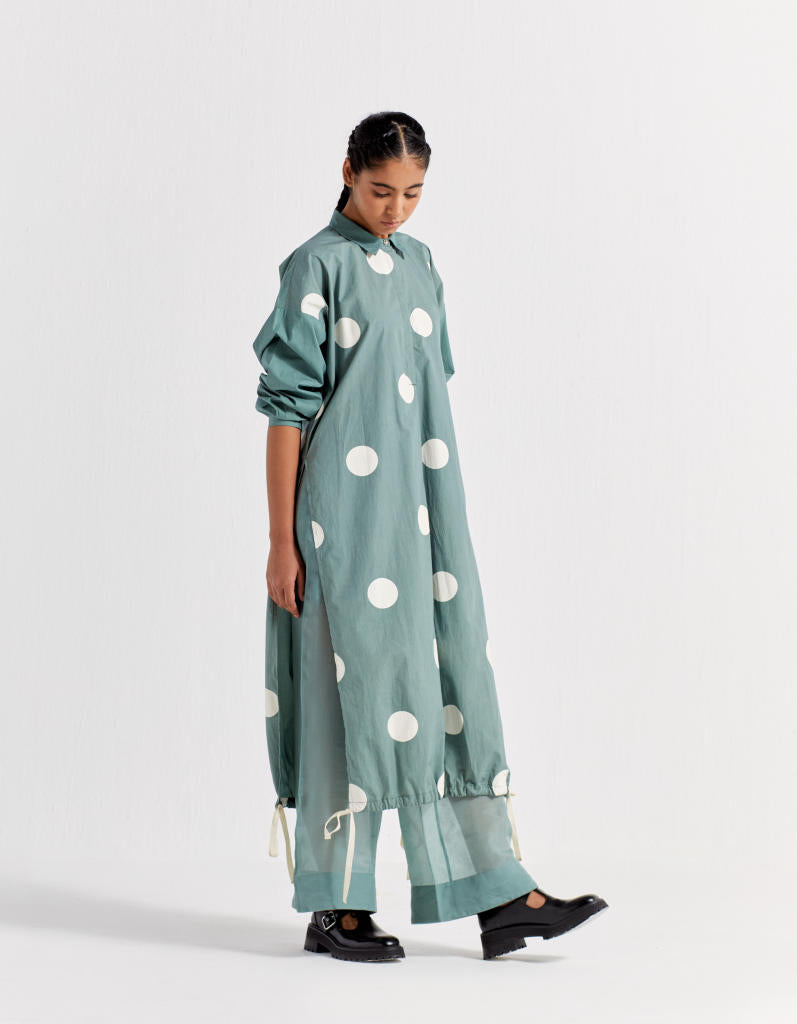 DRAWSTRING HEM TUNIC - JADE POLKA poplin by THREE in green color for women Worldwide