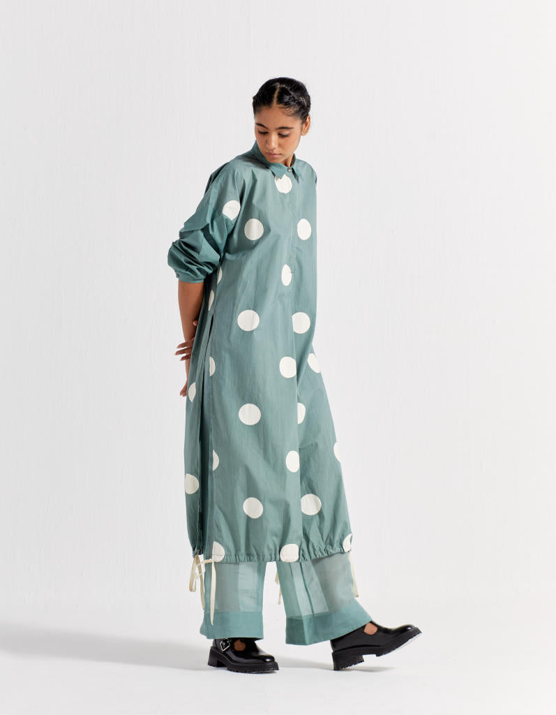 DRAWSTRING HEM TUNIC - JADE POLKA poplin by THREE in green color for women Worldwide