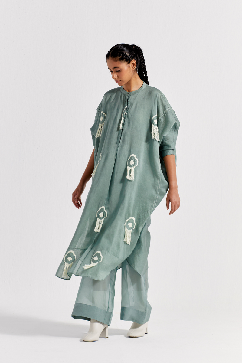 FRINGE BAT SLEEVE SHIRT - JADE chanderi by THREE in green color for women Worldwide