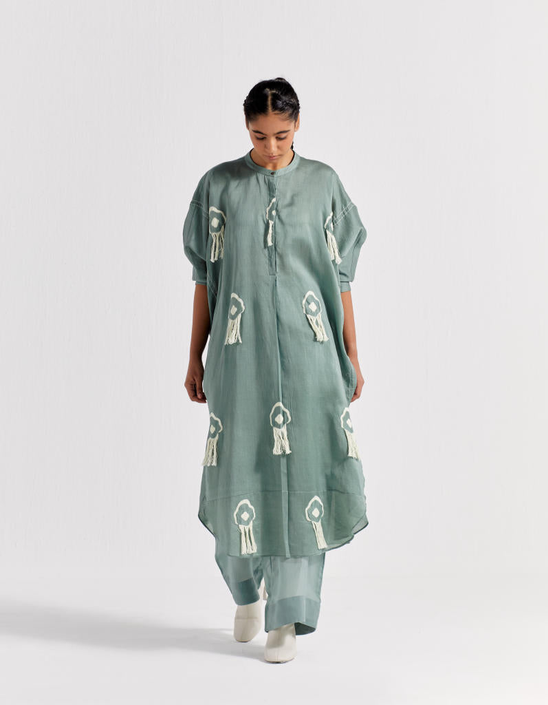 FRINGE BAT SLEEVE SHIRT - JADE chanderi by THREE in green color for women Worldwide
