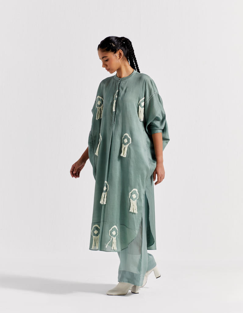 FRINGE BAT SLEEVE SHIRT - JADE chanderi by THREE in green color for women Worldwide