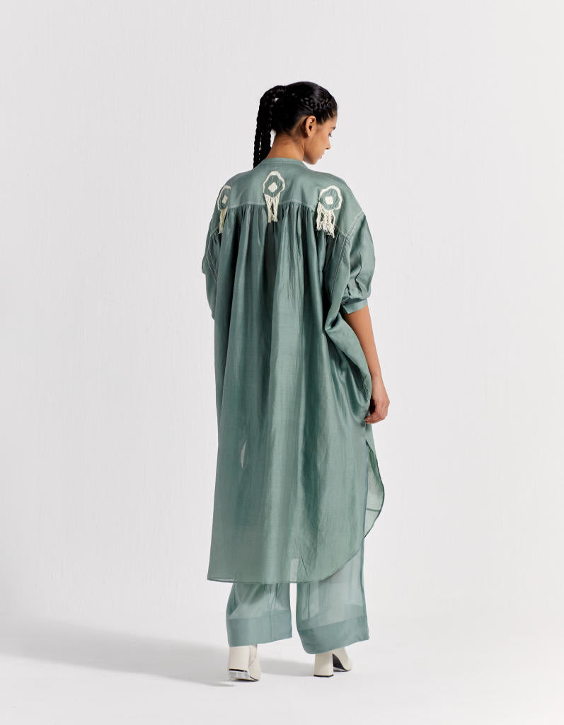 FRINGE BAT SLEEVE SHIRT - JADE chanderi by THREE in green color for women Worldwide