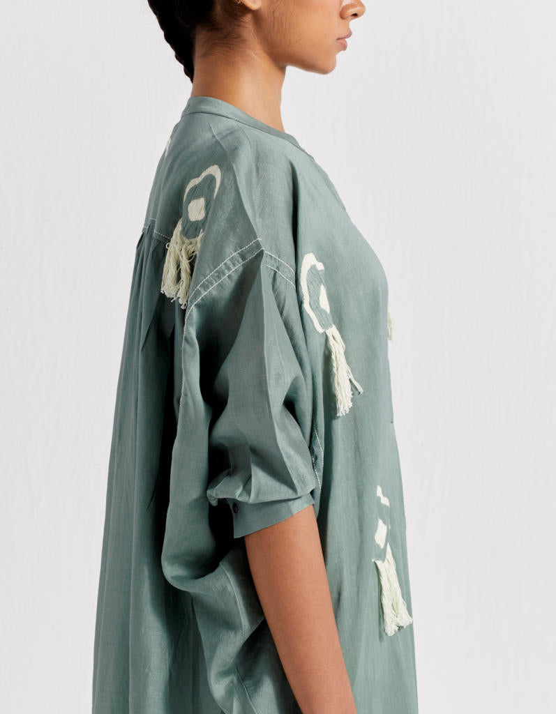 FRINGE BAT SLEEVE SHIRT - JADE chanderi by THREE in green color for women Worldwide