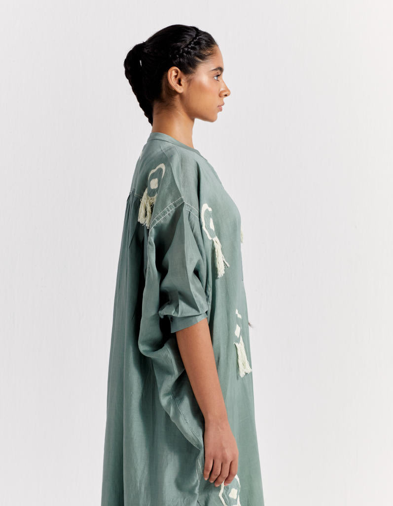 FRINGE BAT SLEEVE SHIRT - JADE chanderi by THREE in green color for women Worldwide