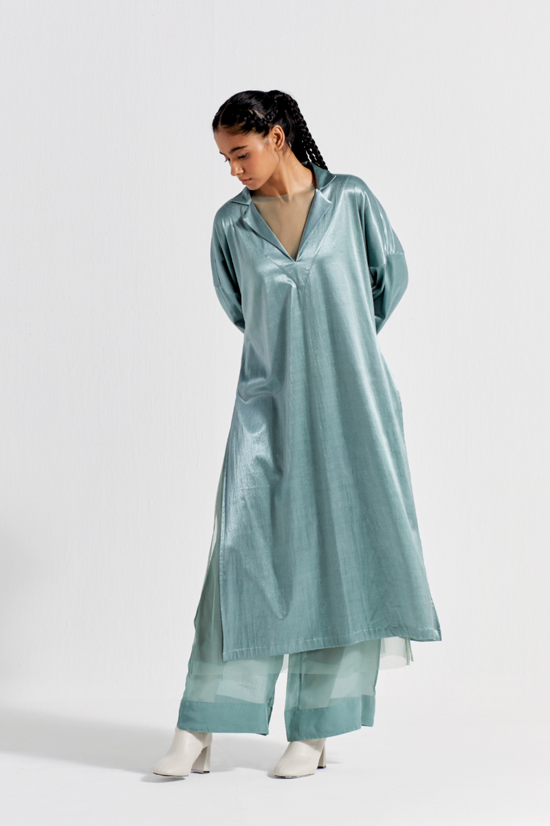 V-NECK TUNIC - JADE satin by THREE in green color for women Worldwide