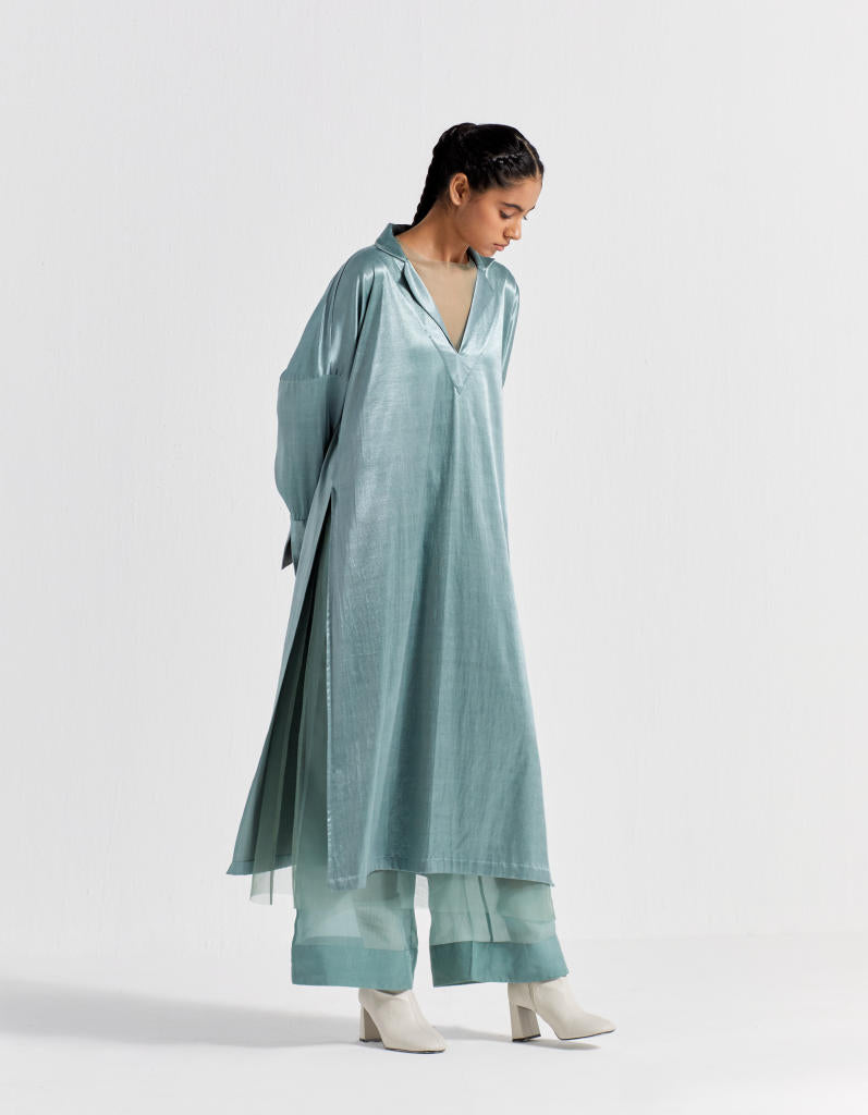 V-NECK TUNIC - JADE satin by THREE in green color for women Worldwide