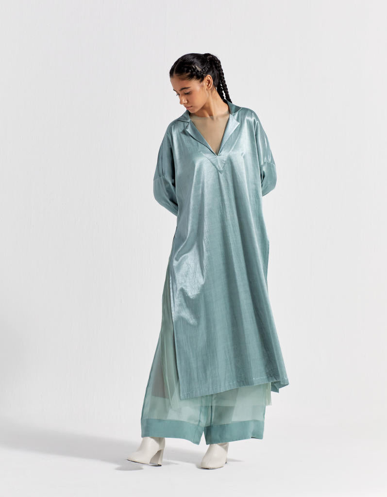 V-NECK TUNIC - JADE satin by THREE in green color for women Worldwide