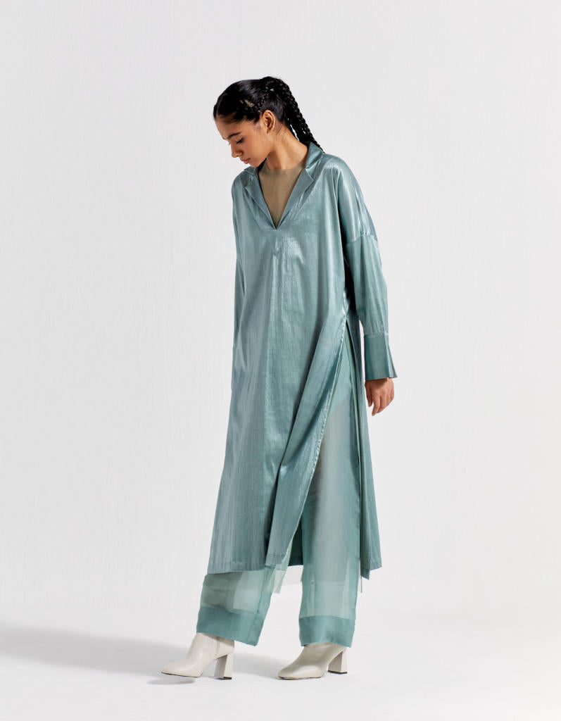 V-NECK TUNIC - JADE satin by THREE in green color for women Worldwide