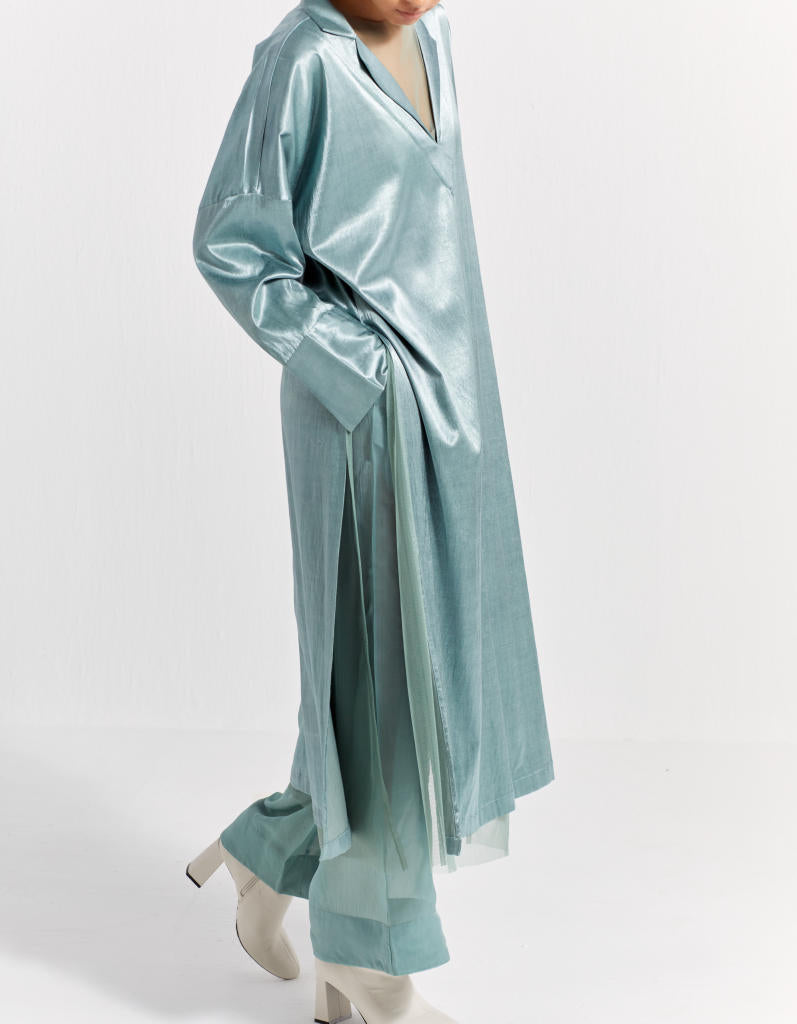V-NECK TUNIC - JADE satin by THREE in green color for women Worldwide