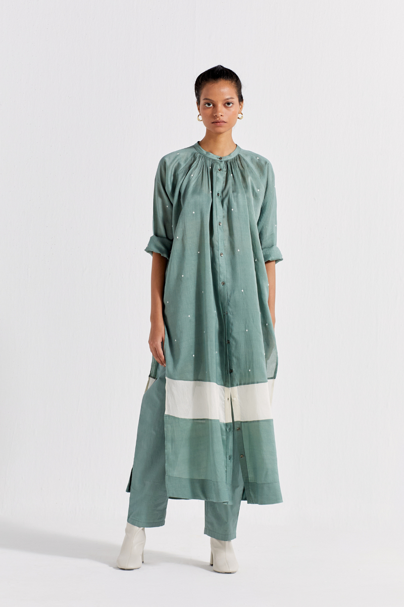 PANEL GATHER NECK SHIRT - JADE POLKA chanderi by THREE in mint color for women Worldwide