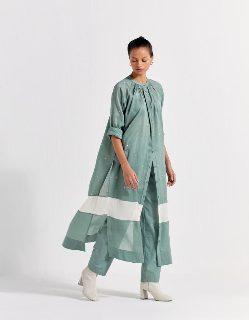 PANEL GATHER NECK SHIRT - JADE POLKA chanderi by THREE in mint color for women Worldwide